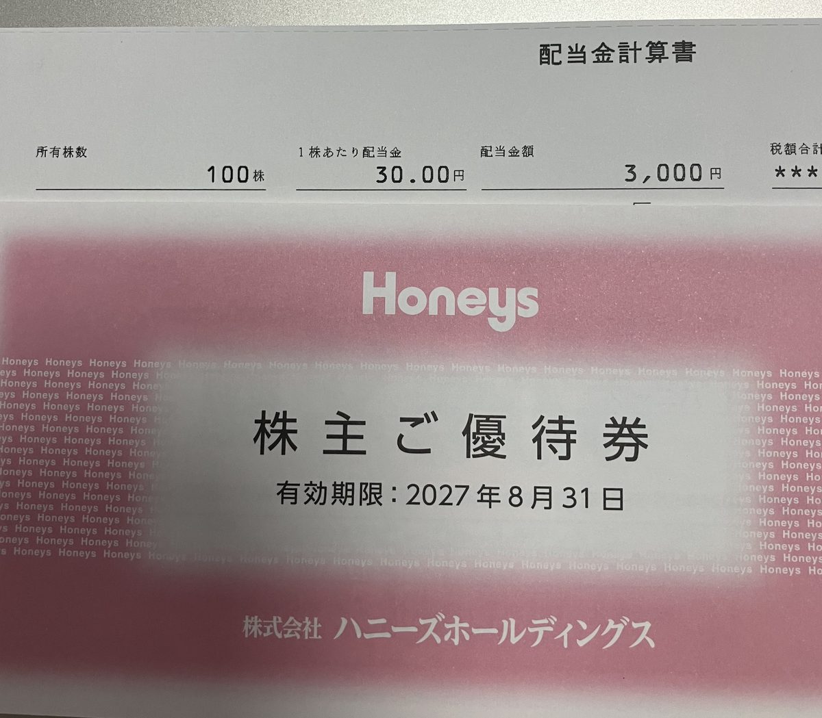 ハニーズホールディングスの株主ご優待券と配当金計算書