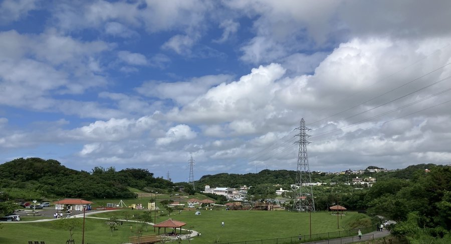 青空の下、緑の広がる公園